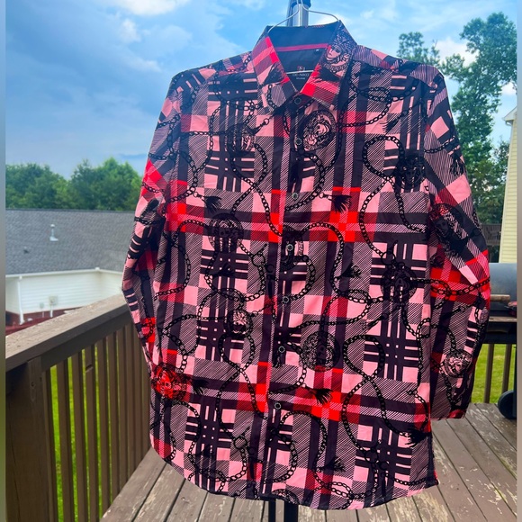 Men’s De-Niko Milano button down long sleeve shirt, size medium red pink black - Picture 1 of 5
